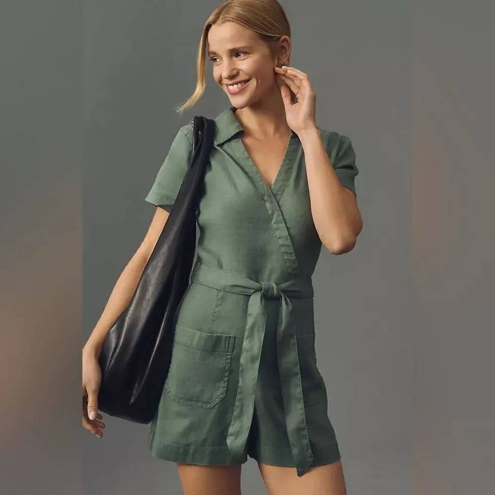 Anthropologie Maeve Linen Short Sleeve Wrap Romper NWT